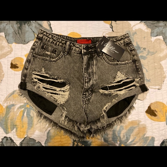 Signature8 Pants - Signature 8 Distressed Black Denim Shorts, Size Medium.